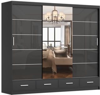 Kleiderschrank mit Spiegel schwarz - Schwebetürenschrank - Schlafzimmerschrank - 250 x 218 x 61 cm - Wohnzimmerschrank - Garderobenschrank, Schrank mit 3 Türen, 4 Schubladen - Imoebel24