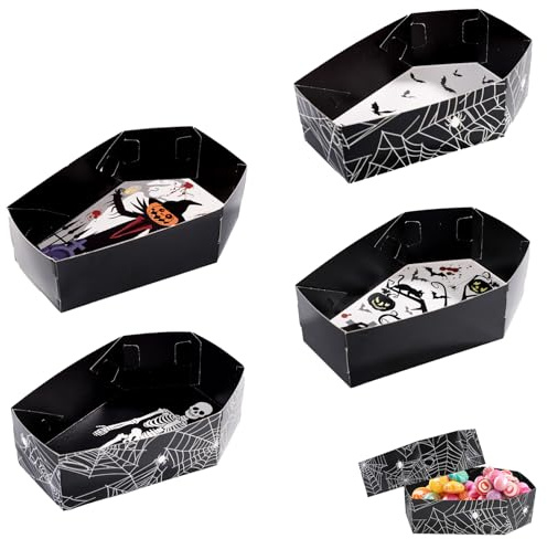 PEUTIER 16pcs Halloween Paper Tray, 4 Styles - Coffin Serving Tray, Bowl, Plates - Snack Platter - Food Containers - Party Supply Decoration