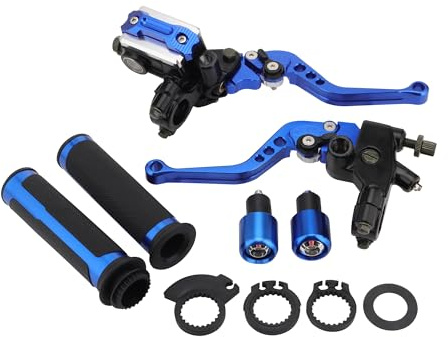 GOOFIT 22mm Blau Universal Motorrad Bremse Kupplungshebel Lenker Bremse Hauptzylinder+Handgriff+Bar Enden Reservoir Bremshebel Set Ersatz für Dirt Bike Roller