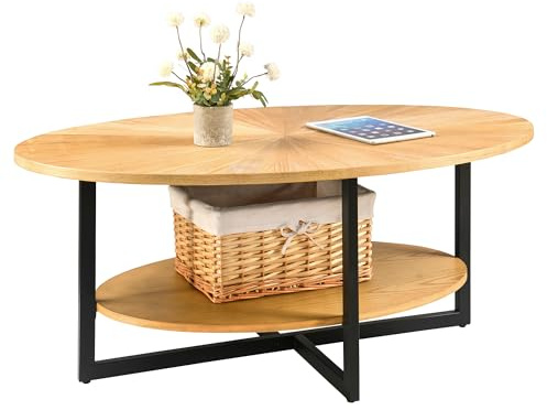 PADMA HOUSE Runder Couchtisch aus massivem Holz, Wohnzimmertisch Sofatisch Metallgestell, 2-stöckiger Kaffeetisch Loungetisch, Einfacher Aufbau für Wohnzimmer (Naturholz)