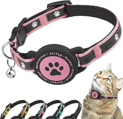 Airtag Katzenhalsband Breakaway, Reflektierendes Kätzchenhalsband mit Airtag-Halterung und Glocke, Bequeme Polsterung, Verstellbar, Langlebig, Passend für Katzen (Rose, S)