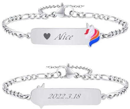 VNOX Bracelet Enfant Securite Gourmette Personnalisable: Bracelet Identification Enfant Gravure de Prenom Personnalisés Bracelet Bébé Cadeau Bapteme Fille Garcon(S-Licorne)
