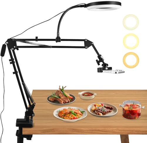 Adjustable Overhead Phone Mount with Ring Light, Phone Arm Stand 3 Light Colors+10 Brightnesse, Desk Tripod 360°Rotatable for YouTube Live Stream Cooking Nail Video Recording