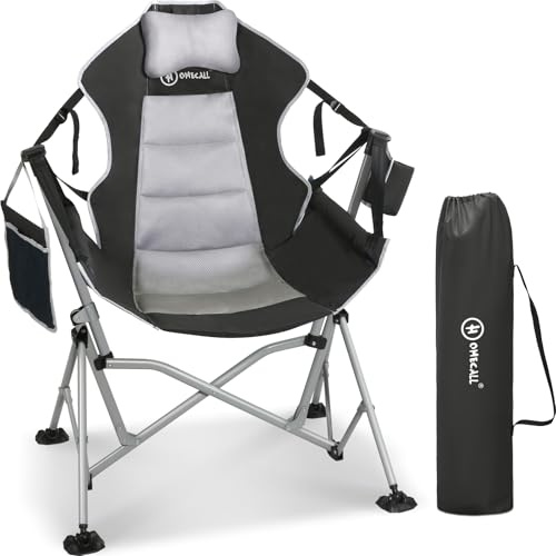 Homecall Schwerlast Campingstuhl Faltbar Bis 181 KG mit Gepolstert, Verstellbare Rückenlehne, Schaukelstuhl mit Getränkehalter, Kissen, Tasche Groß Klappstuhl für Camping, Balkon, Garten, XXL