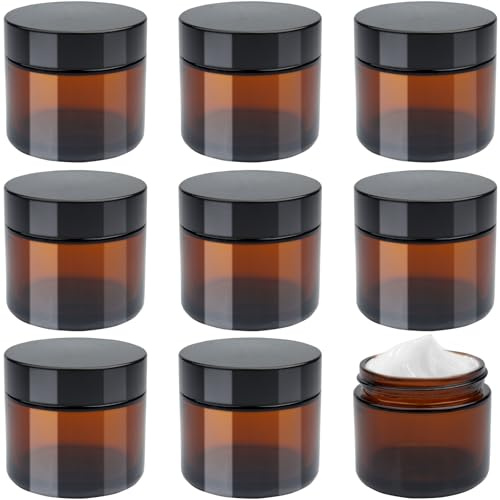 Roellgs Bärnstensglasburkar, 8-pack, 60 ml glasburkar med lock – bruna resekosmetiska behållare, resekrukor med UV-skydd för pulver, lotion och kräm (60 g)