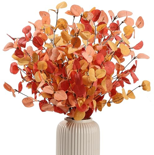 HNVNER 5 Foglie di Eucalipto Autunnali Artificiali, Fake Steli Rami di Eucalipto 60cm, Autumn Leaves in Seta Finta, Decorazioni Autunnali per Casa, Matrimoni, Feste del Ringraziamento (Arancione)