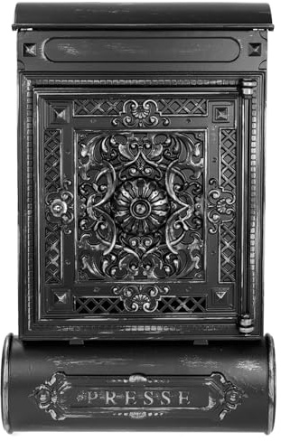 HMF 512-09 Boîte aux Lettres Antique avec Compartiment à journaux, boîte aux Lettres Vintage en Fonte d'aluminium | 57 x 35 x 10 cm | Noir-Argent
