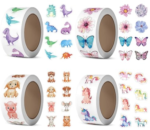 2000 Stück Runde Tier Aufkleber Mehrere Muster Stickerrolle Sticker Tiere | Belohnungsaufkleber Cartoon Tiersticker Einhorn Sticker Rolle Schmetterlinge Dinosaurier für Mädchen Junge Scrapbooking DIY