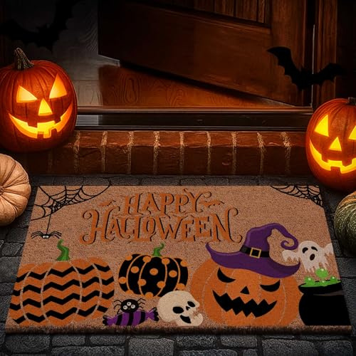 Lanpn Halloween Welcome Natural Coir Door Mat, Striped Spotted Pumpkin Coco Front Door Outdoor Doormat Outside Entrance Porch Non Slip Rubber Rug for Halloween Farmhouse Decor (76x43cm)