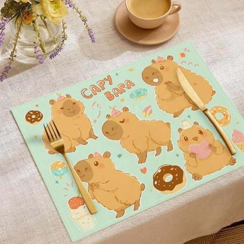 Set di 6 Tovagliette Americana Lavabili, Tovaglietta Carino Capibara Ciambella Gelato Resistenti al Calore, Facile Pulizia, Ideali per Vacanze, Feste, la Tavolo da Cucina, 30 x 45 cm