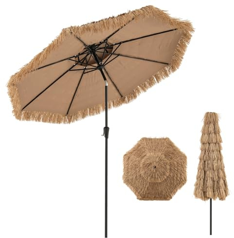 COSTWAY Ombrellone da Spiaggia 270 cm in Paglia PE, 8 Stecche | Ombrellone Hawaiano Manovella Manuale, Inclinazione Regolabile, per Spiaggia, Patio (270 cm/0 Luci)