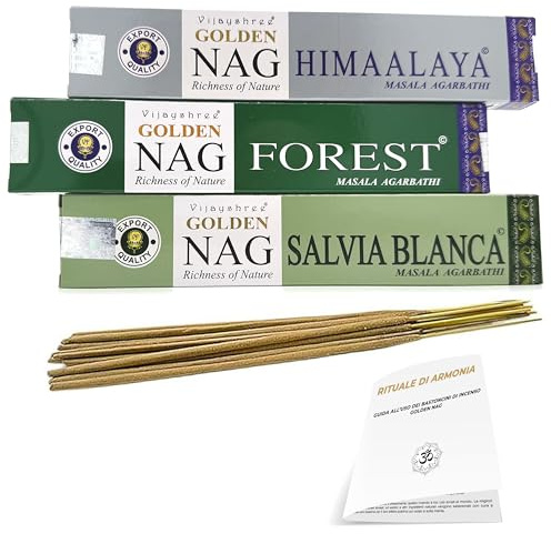 Mamami - Golden Nag Incensi - Set Respiro della Natura - 3 Conf. x 15 gr - Salvia Bianca, Forest, Himalaya - Incenso Bastoncini Naturali - Per Meditazione, Yoga - Con manuale esclusivo Mamami™