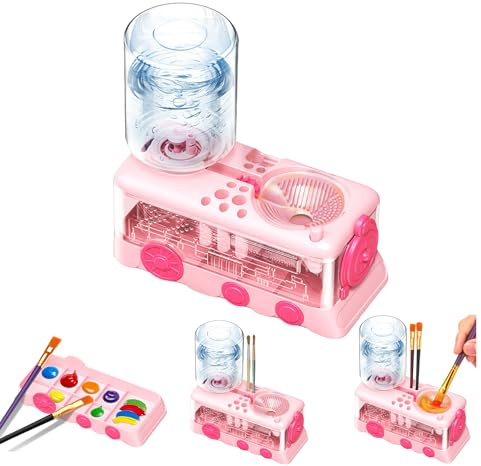JEChrochen 2025 Pinselreiniger, Cartoon-Zug-Pinsel-Waschmaschine, Waschen meiner Pinsel, Wasserkreislauf, Aquarell-Spüler, Spender mit Halter und Palette, Geschenk, Malerei, Kunstbedarf für Künstler