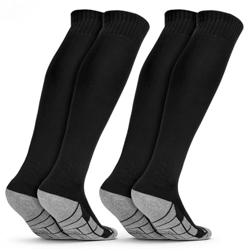 DiULi Football Knee High Sport Socks for Men Women, 2 Pairs Long Sports Socks with Cushioned Sole, Breathable & Non Slip for Soccer Rugby Soccer Hockey Baseball Training (Black, L)