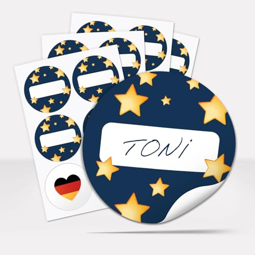 Geschenkaufkleber Weihnachten zum Beschriften (24 Aufkleber) Weihnachtsetiketten Rund 6 cm - Blau Sterne gold-look - weihnachtliche Deko Sticker Geschenke Pakete Briefe