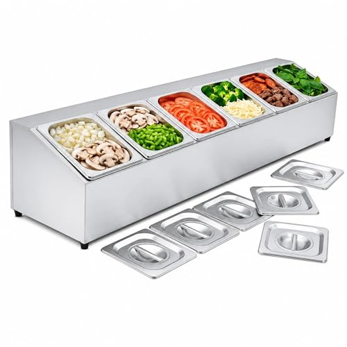 EASYROSE Commercial Stainless Steel Condiment Dispenser (1x6) - 6 GN 1/6 Pans & Steel Lids. Topping Station Heavy-Duty Ingredient Organizer for Restaurants, Pizza & Takeaways