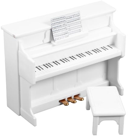 Beaupretty Modèle de Meuble Miniature Piano Droit Blanc avec Tabouret et Partition, Mini Piano pour Maison de Poupée, Accessoires Miniatures Décoratifs pour Scène et Jeu, Instrument