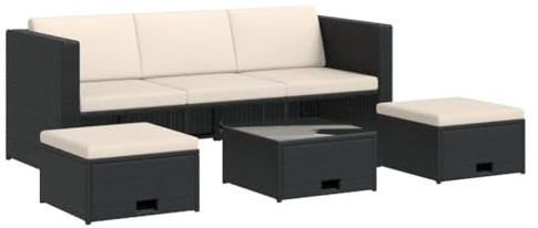 Qnhdfrt Set di 4 mobili da giardino in polyrattan, per terrazza e giardino, con divano a 3 posti, tavolo e 2 sgabelli inclusi, cuscini color bianco crema, design salvaspazio