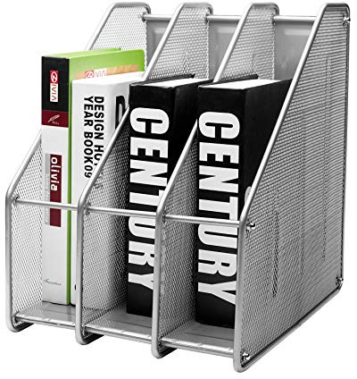 Exerz Revistero archivador triple de malla metálica/Archivadores de revistas/Estante para escritorio- 3 Compartimentos para Organizador Archivo Documento/Cuadernos/Carpetas (Plata)