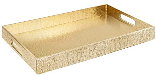 Home Redefined 17.5x12 Gold Glossy Crocodile Faux Leather Serving Tray Beautiful Modern Elegant Decorative Tray with Handles Ottoman Coffee Table Tray for All Occasion's