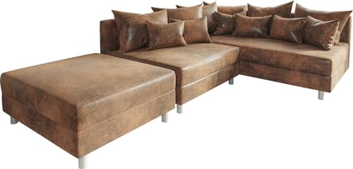 DELIFE Eckcouch Clovis Braun Antik Optik mit Hocker Ottomane Rechts Ecksofa | Modular