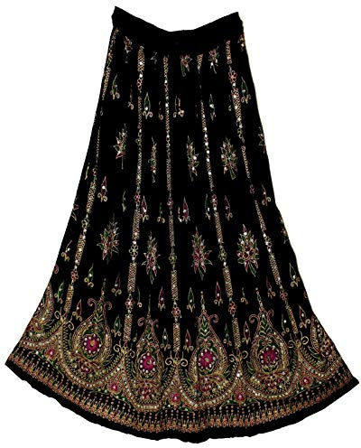 Fashion of India Women's Long Bohemian Maxi Skirt - Gypsy Hippie Boho Chic Style Dress, Black & Pink, Regular