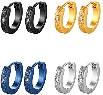 JewelryWe Schmuck Creolen Ohrringe Edelstahl Zirkonia Sandgestrahlt Huggie Hoop Klappcreolen Ohrschmuck Ohrstecker für Herren Damen, Schwarz Gold Silber Blau