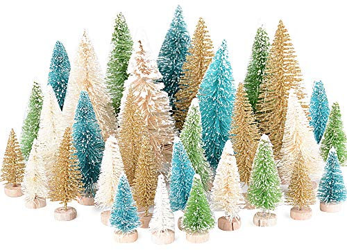MEJOSER 32 Stück Weihnachtsbaum Künstlich Miniatur Klein Mini Grün Tannenbaum mit Schnee-Effek Weihnachtsdeko 4.5cm 8.5cm 12.5cm Christbaum für Tischdeko, DIY, Schaufenster (4Farbe)