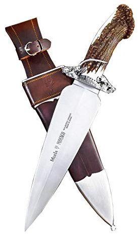 Muela Cuchillo de Lujo para Caza MASTIN.E con Hoja de Acero MoVa de 24,5 cm Guarda de Plata de Ley y empuñadura de asta de Ciervo para Caza, Pesca, Supervivencia y Bushcraft + Portabotellas de Regalo