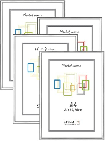 CHELY INTERMARKET MOD311 Marco Fotos Decorativo Estilo Elegante A4 Para Certificados Cuadros Láminas Impresiones Montaje Pared Vertical Color Plateado Incluye Kit 4 Unidades