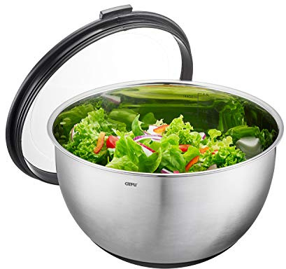 GEFU Edelstahlschüssel MUOVO - 4,5 l Rührschüssel mit Deckel & Silikonboden | Robuste Salatschüssel mit Messanzeige, spülmaschinenfest & rutschfest, Ø 24 cm Servierschüssel aus Edelstahl