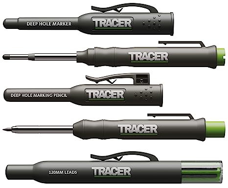 Tracer Komplett Tieflochmarkierungsset. Inklusive Doppelspitzigem Tiefbohr-Dauermarker,Tieflochmarker Bleistift, 6x Ersatzminenspender Seitenhalter