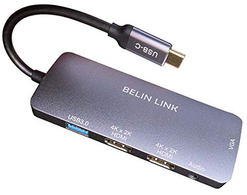 USB-C HDMI*2 VGA USB3.0 Adapter,Supports MST Dual Monitor Docking Station Single 4K@30Hz or Dual 1080p Thunderbolt 3 to HDMI and VGA Video, Type C Multi-Port Adapter, USB 3.0, only Mac OS Mirror Mode