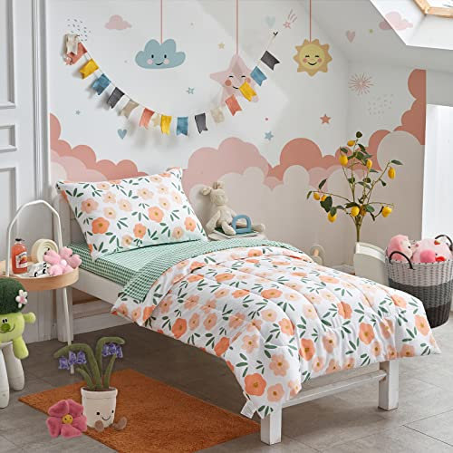 4-teiliges Bettwäsche-Set für Mädchen und Kleinkinder, orangefarbener Blumen-Stil für Herbst und Winter. Inklusive Bezaubernder, Warmer Steppdecke, grünem kariertem Spannbetttuch, Bettlaken und