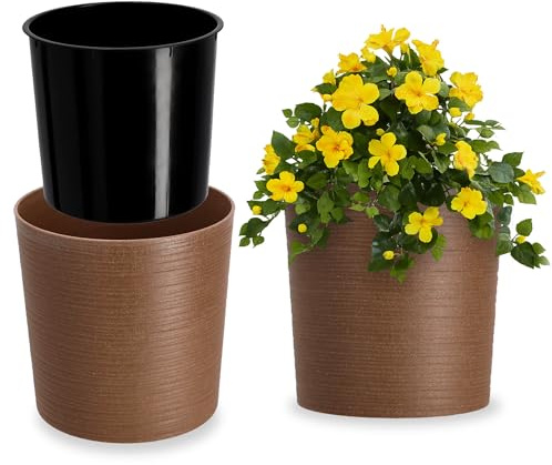 KADAX Blumentopf ⌀ 19cm mit Holzspänen, eleganter Übertopf mit Einlage, Topf, Gartenschale, Blumenkübel, Blumentopfschutz für Wohnzimmer, Büro (Braun)