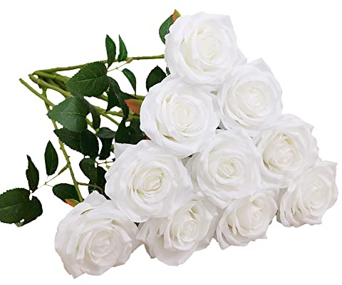 IUKnot Künstliche Rosen, offener Blumenstrauß, künstliche Rosenstiele für Hochzeitsarrangement, Brautstrauß, Tafelaufsatz, künstliche Seidenblumen, 10 Stück, weiß