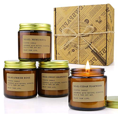 Candele Profumate Set di 4 Pezzi in Vetro Cera di Soia da 400g con Profumo di Rosa Teak e tabacco di tek per la Casa Aromaterapia per lei, Regalo di Compleanno per Donna Mamma Durata Fino a 100 Ore