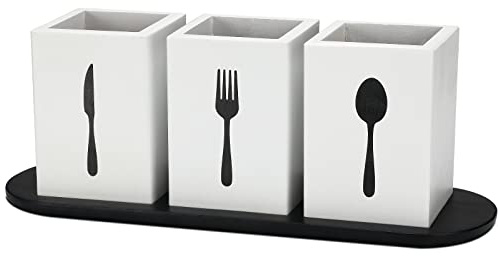 Kathfly Lot de 4 porte-ustensiles pour comptoir, argenterie, avec plateau en bois, cuillère, fourchette pour fêtes de cuisine (blanc)