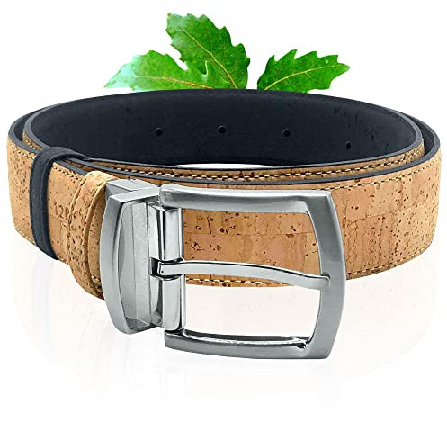Kork-Gürtel | Wendegürtel aus Kork | Zweifarbig in BEIGE und BLAU | Moderner Naturgürtel mit silberner Schnalle | Gürtel zum Wenden aus Kork | Unisex | Verschiedene Größen (90 cm)