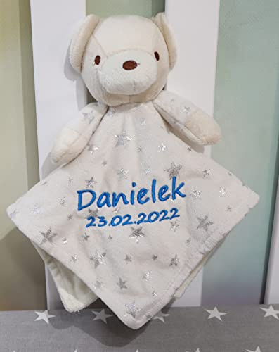 BotoBaby® - Schmusetuch mit Namen und Geburtsdatum - Kuscheltuch - (Beige - Teddybär)