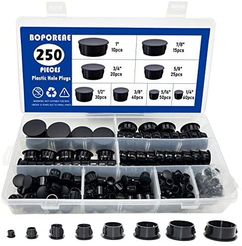 BOPOREAE 250 PCS 8 Sizes Nylon Plastic Hole Plugs Black 1/4, 5/16, 3/8, 1/2, 5/8, 3/4, 7/8, 1 Inch Round Hole, Flush Type Panel Knockout Locking Plugs, Furniture Cabinet Pipe Insert End Covers Caps