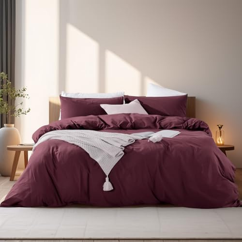 NEXHOME PRO Duvet Cover Set 100% Washed Cotton Oversized Queen 98x98, Organic Natural Linen Look Textured 3 Pieces Bedding Set Burgundy Dark Red with Zipper Closure, Breathable (No Comforter)
