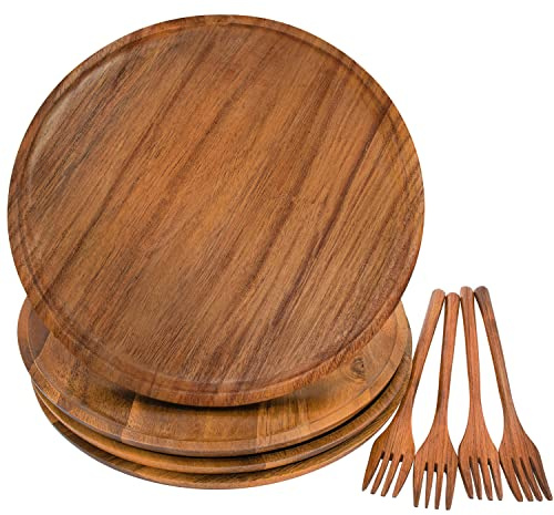 Originalidad Wooden Plates, Wood Dinner Plates with Forks, Reusable Handmade Natural Wood Flatware Set for Cooking, Eating, Housewarming(Set of 4, Large 11 x 11)