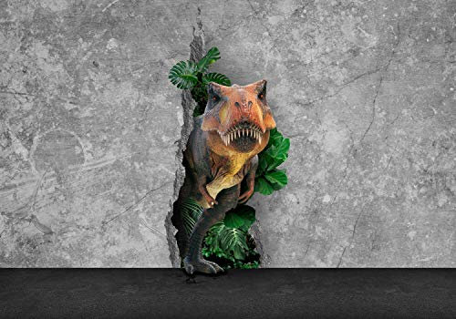 wandmotiv24 Fototapete 3D Optik T-Rex Wanddurchbruch, 200 x 140cm - selbstklebende Vliestapete 150g, Wanddeko, Wandbild, Wandtapete, Tyrannosaurier Dinosaurier Dschungel Blätter M6622