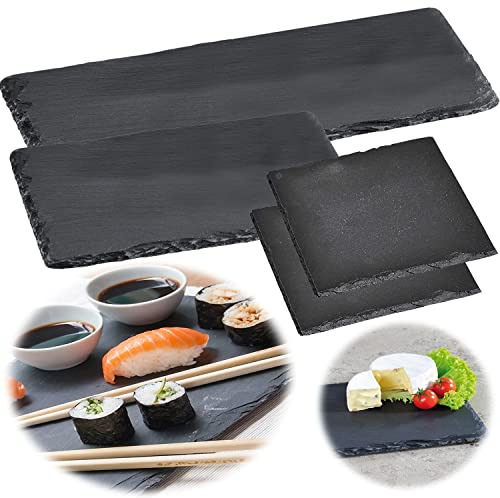 LS-LebenStil XL Schieferplatte 38x13cm Schwarz - Naturschiefer-Platten - Rechteckig - Servierplatte Schieferteller Tischset Sushi Deko Tablett Tapas-Teller Schiefertafel Steinplatte Tafelplatte