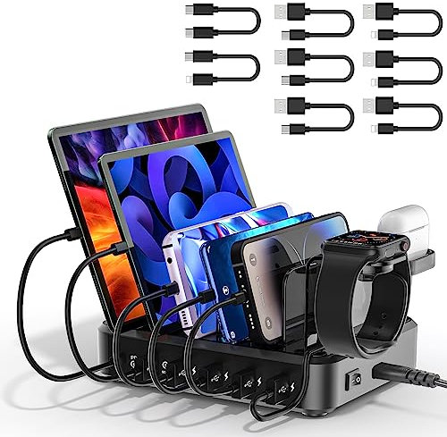 ZWOOS Stazione di Ricarica USB 68W/12A con 6 porte e ricarica veloce 20W PD per iPhone 14/13, supporto 2-in-1 per iWatch, inclusi 8 cavi per telefoni, tablet e altri dispositivi