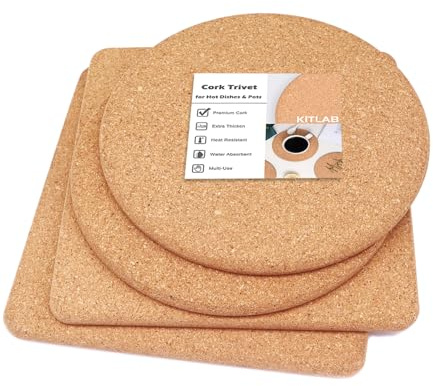 KITLAB Cork Trivet, High Density Fine Particle Thick Cork Trivets for Hot Dishes, 8 Inch Heat Resistant Cork Coaster, Cork Placemats Cork Hot Pads for Hot Pots and Pans, 4 Pcs