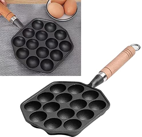 Poêle à Takoyaki Fonte 14 Trous, Poignée Amovible | Cuisson Homogène Chimique, Prise Sûre Anti-Brûlure sur Gazinière, Préparation Rapide de 14 Boulettes, Pour Apéritifs et