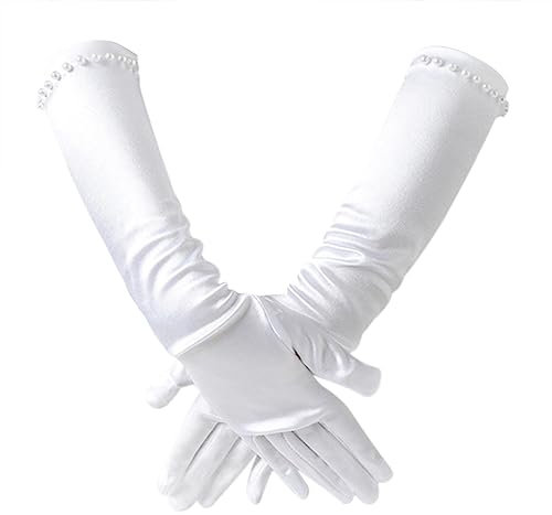 Blumenmädchen Handschuhe - Prinzessin Kostüm Zubehör Mit Perlstickerei - Lange Satin Kommunionshandschuhe für Hochzeit Party Dekoration