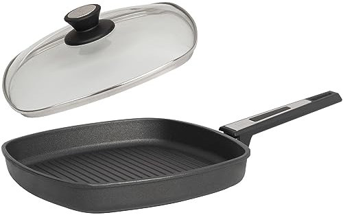 SKK große 2-tlg. Guss Grillpfanne 28x28 cm - Induktion - viereckige Aluguss Antihaft Steakpfanne mit gerippten Boden & Deckel - Made in Germany